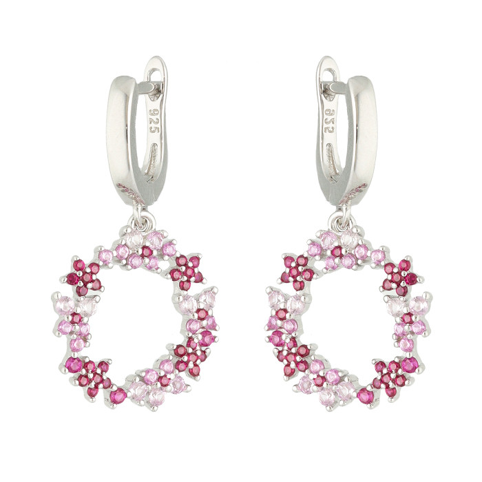 PENDIENTES LARGOS EN PLATA CON CIRCONITAS ROSAS Y ROJAS REDONDO CALADO