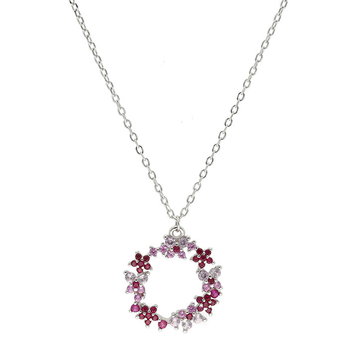 GARGANTILLA EN PLATA CON CIRCONITAS ROSAS Y ROJAS CON COLGANTE REDONDO CALADO