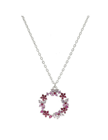 GARGANTILLA EN PLATA CON CIRCONITAS ROSAS Y ROJAS CON COLGANTE REDONDO CALADO