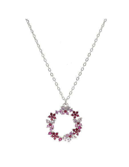 GARGANTILLA EN PLATA CON CIRCONITAS ROSAS Y ROJAS CON COLGANTE REDONDO CALADO