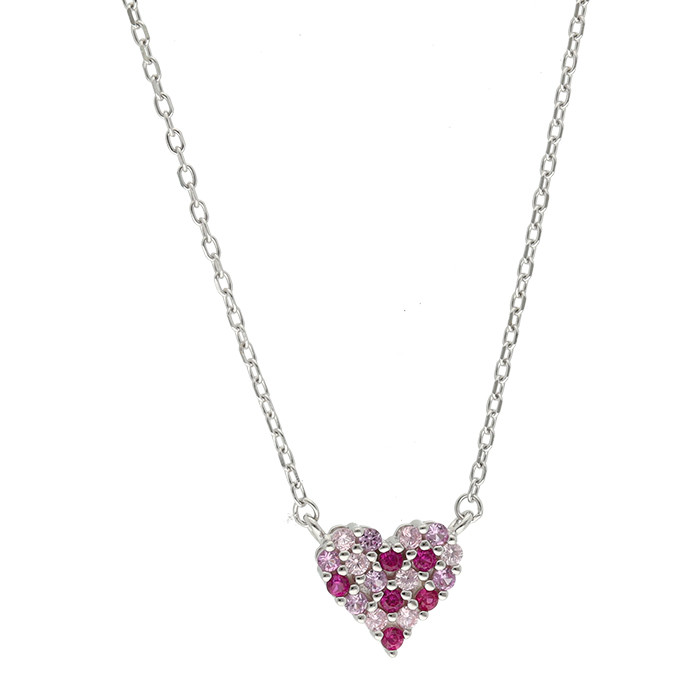 GARGANTILLA EN PLATA CON CIRCONITAS ROSAS Y ROJAS CON COLGANTE FORMA DE CORAZÓN