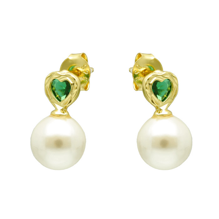 PENDIENTES EN PLATA DORADA CON CIRCONITAS VERDES FORMA CORAZÓN Y PERLA