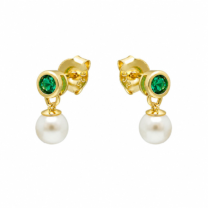 PENDIENTES EN PLATA DORADA CON CIRCONITAS VERDES REDONDA Y PERLA