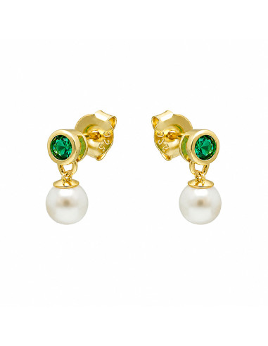 PENDIENTES EN PLATA DORADA CON CIRCONITAS VERDES REDONDA Y PERLA