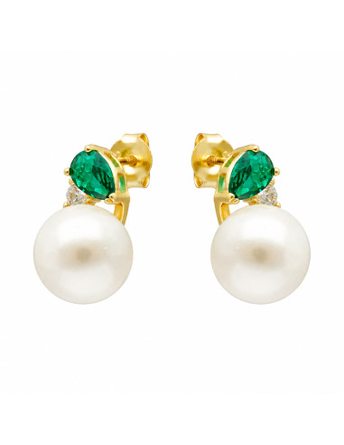 PENDIENTES EN PLATA DORADA CIRCONITAS VERDES  Y PERLA REDONDA