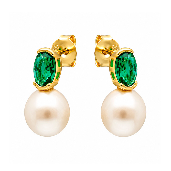 PENDIENTES EN PLATA DORADA FORMA OVAL CIRCONITAS VERDES  Y PERLA REDONDA