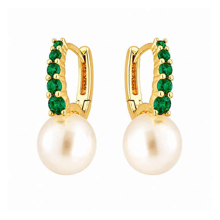 PENDIENTES EN PLATA DORADA LARGOS CIRCONITAS VERDES  Y PERLA REDONDA
