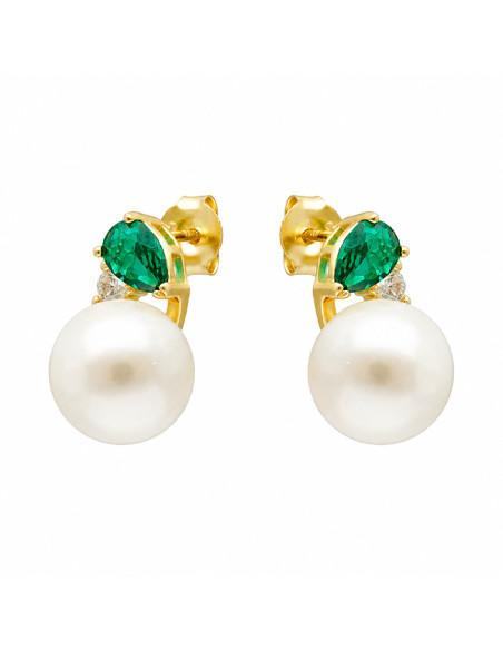 PENDIENTES EN PLATA DORADA CIRCONITA VERDE CON PERLA REDONDA