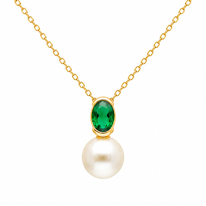 GARGANTILLA EN PLATA DORADA CON CIRCONITA VERDE OVAL Y PERLA