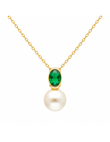 GARGANTILLA EN PLATA DORADA CON CIRCONITA VERDE OVAL Y PERLA