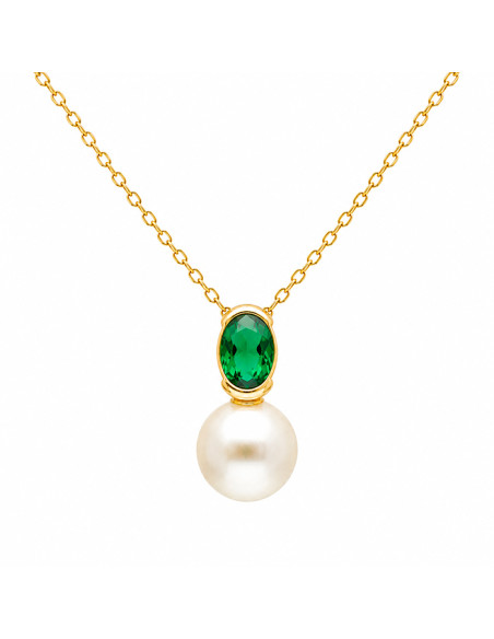 GARGANTILLA EN PLATA DORADA CON CIRCONITA VERDE OVAL Y PERLA
