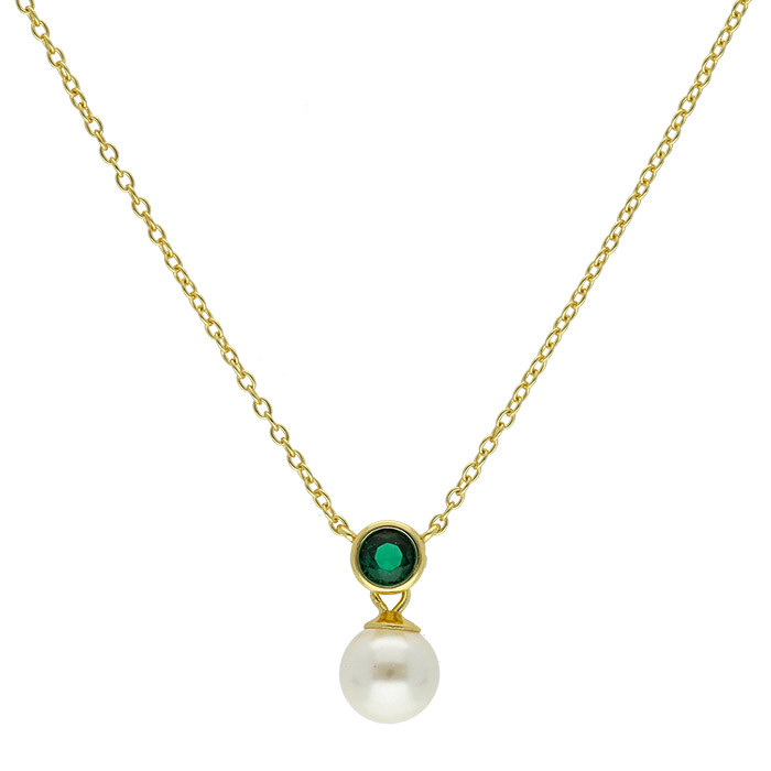 GARGANTILLA PLATA DORADA CIRCONITA VERDE OVAL CON PERLA