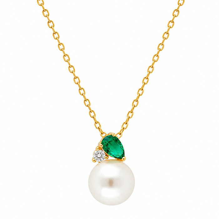 GARGANTILLA EN PLATA DORADA CON CIRCONITA VERDE, PERLA Y CIRCONITA BLANCA