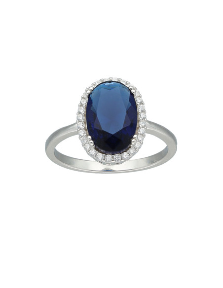 ANILLO EN PLATA CON CIRCONITAS Y CENTRO AZUL OVAL