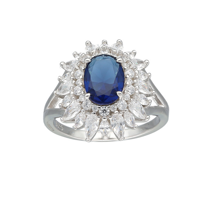 ANILLO PLATA CON CIRCONITAS Y CENTRO ROSETA AZUL OVAL