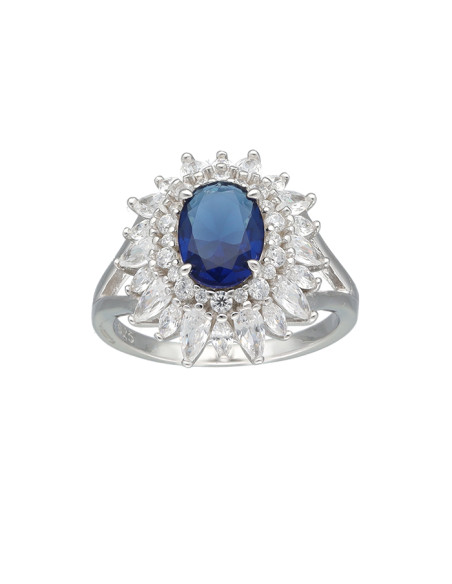 ANILLO PLATA CON CIRCONITAS Y CENTRO ROSETA AZUL OVAL