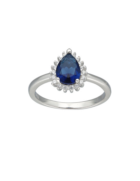 ANILLO EN PLATA CON CIRCONITAS Y CENTRO AZUL FORMA GOTA