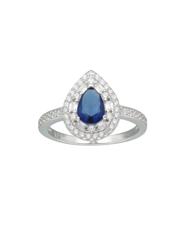 ANILLO EN PLATA CON CIRCONITAS DOBLES Y CENTRO AZUL FORMA GOTA