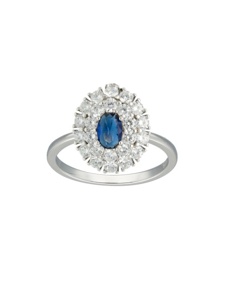 ANILLO EN PLATA CON CIRCONITAS Y CENTRO AZUL FORMA OVAL