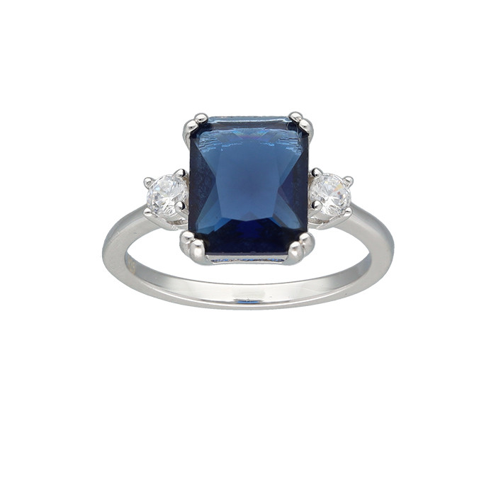ANILLO EN PLATA CON CIRCONITAS Y CENTRO AZUL FORMA CUADRADA