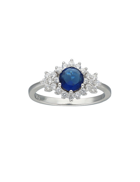 ANILLO EN PLATA CON CIRCONITAS Y CENTRO AZUL FORMA FLORES