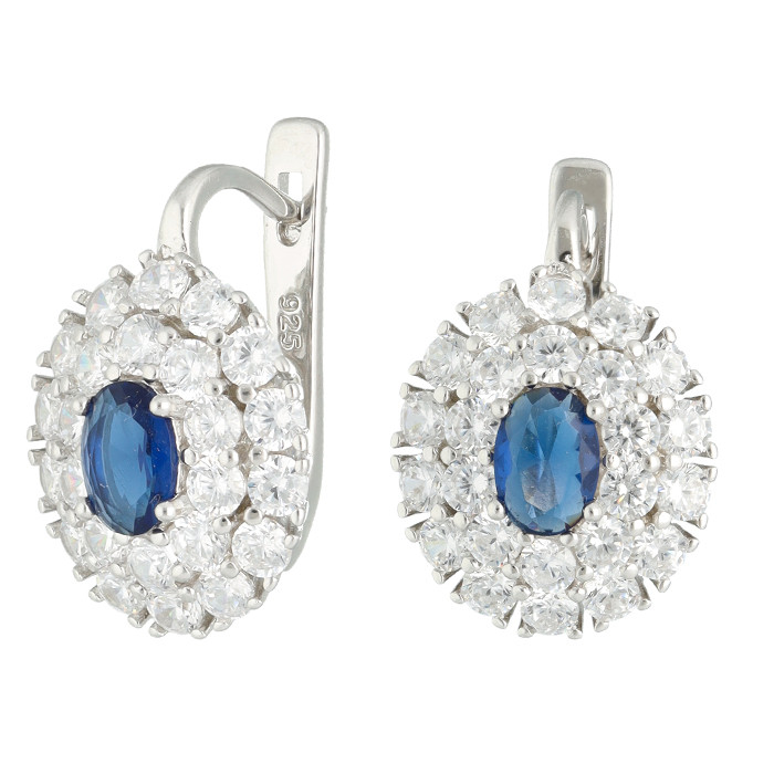 PENDIENTES EN PLATA CON CIRCONITAS BLANCAS CENTRO AZUL