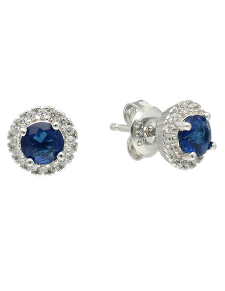 PENDIENTES EN PLATA CON CIRCONITAS BLANCAS CENTRO AZUL ROSETA PEQUEÑA