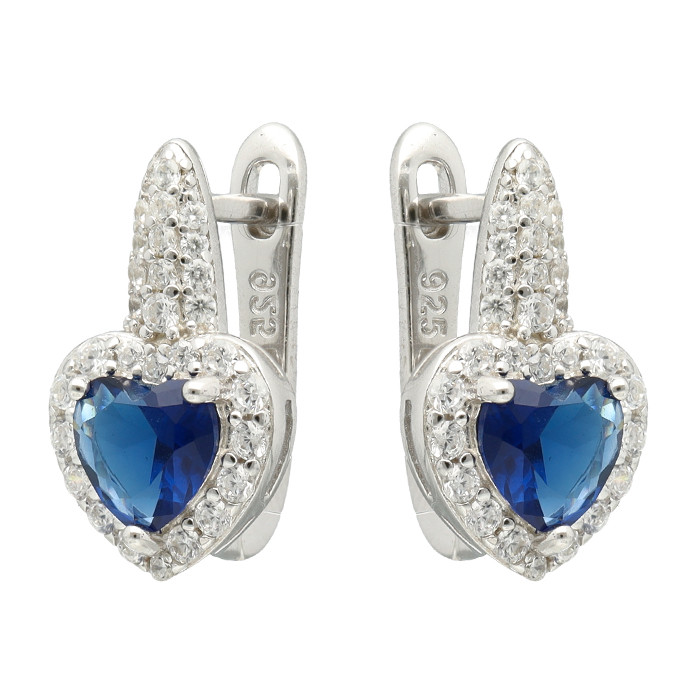 PENDIENTES EN PLATA CON CIRCONITAS BLANCAS CENTRO AZUL CORAZÓN