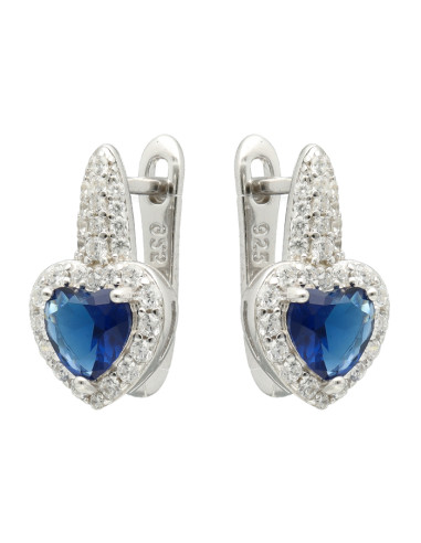 PENDIENTES EN PLATA CON CIRCONITAS BLANCAS CENTRO AZUL CORAZÓN