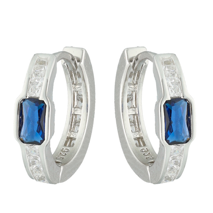 PENDIENTES EN PLATA FORMA ARO CON CIRCONITAS BLANCAS CENTRO AZUL