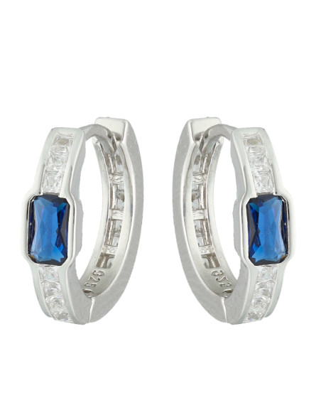 PENDIENTES EN PLATA FORMA ARO CON CIRCONITAS BLANCAS CENTRO AZUL