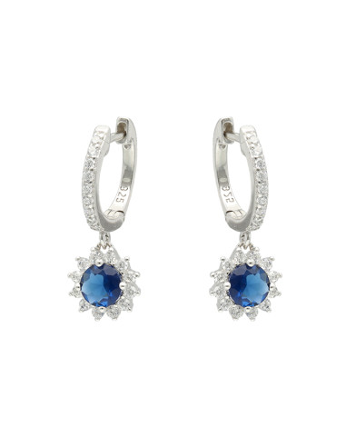 PENDIENTES EN PLATA LARGOS CON CIRCONITAS BLANCAS CENTRO AZUL