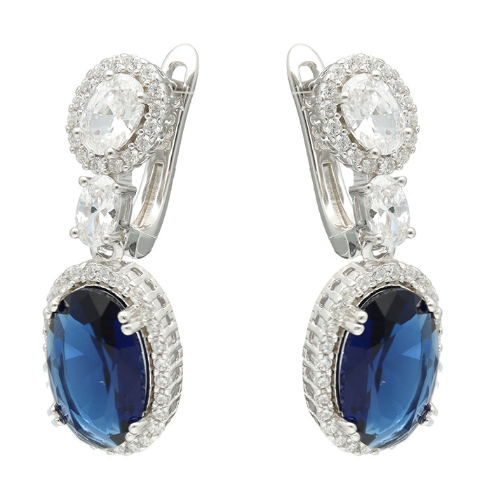 PENDIENTES LARGOS EN PLATA CON CIRCONITAS BLANCAS CENTRO AZUL OVAL
