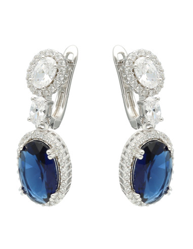PENDIENTES LARGOS EN PLATA CON CIRCONITAS BLANCAS CENTRO AZUL OVAL