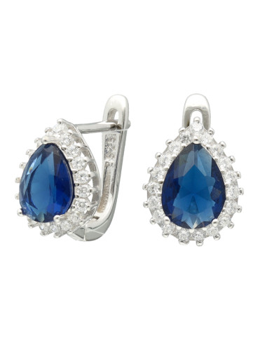 PENDIENTES EN PLATA CON CIRCONITAS BLANCAS CENTRO AZUL FORMA GOTA