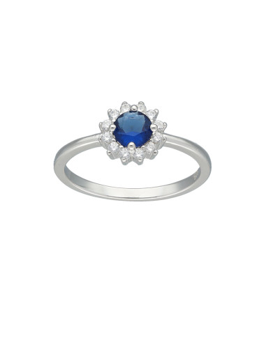 ANILLO EN PLATA CON CIRCONITAS Y CENTRO AZUL REDONDO