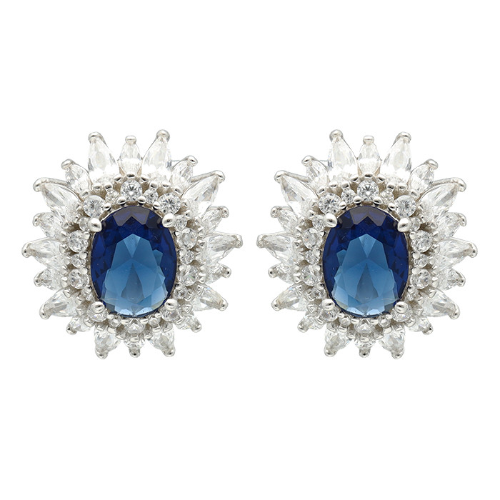 PENDIENTES EN PLATA FORMA ROSETA CON CIRCONITAS BLANCAS CENTRO AZUL
