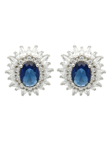 PENDIENTES EN PLATA FORMA ROSETA CON CIRCONITAS BLANCAS CENTRO AZUL