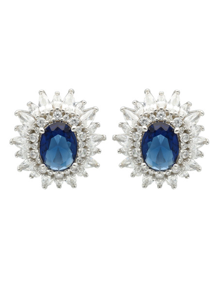 PENDIENTES EN PLATA FORMA ROSETA CON CIRCONITAS BLANCAS CENTRO AZUL