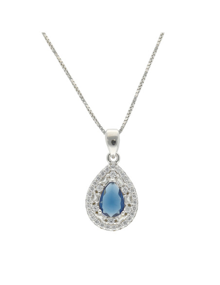 GARGANTILLA EN PLATA CON COLGANTE  FORMA DE GOTA Y CIRCONITA AZUL