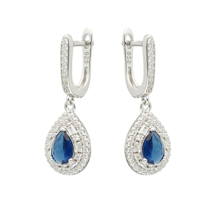 PENDIENTES LARGOS EN PLATA CON CIRCONITAS BLANCAS CENTRO AZUL GOTA