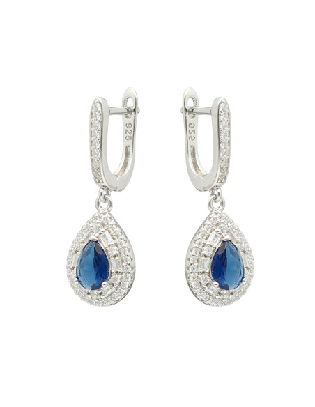 PENDIENTES LARGOS EN PLATA CON CIRCONITAS BLANCAS CENTRO AZUL GOTA