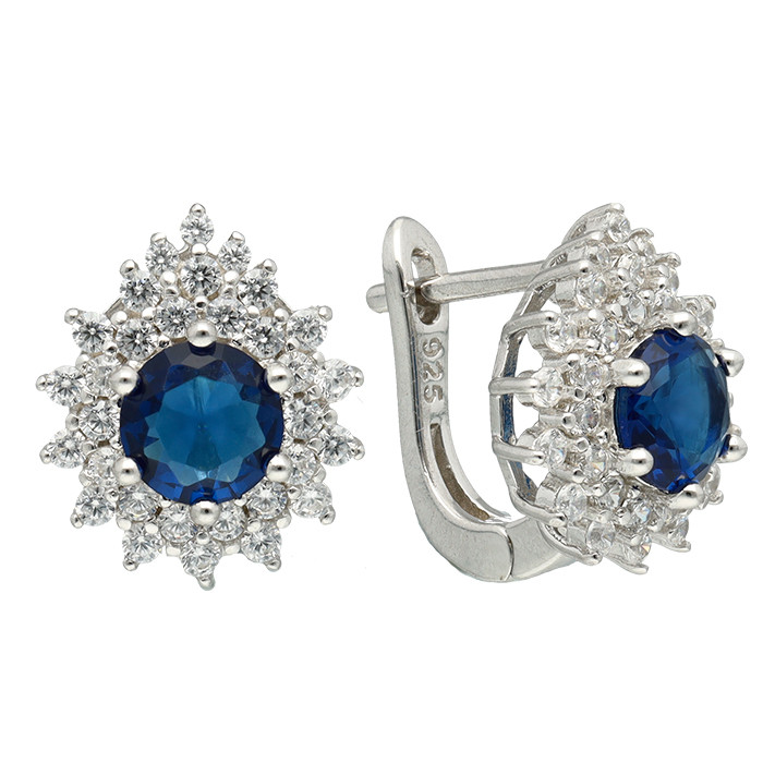 PENDIENTES EN PLATA CON CIRCONITAS BLANCAS CENTRO AZUL ROSETA PICO