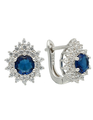 PENDIENTES EN PLATA CON CIRCONITAS BLANCAS CENTRO AZUL ROSETA PICO