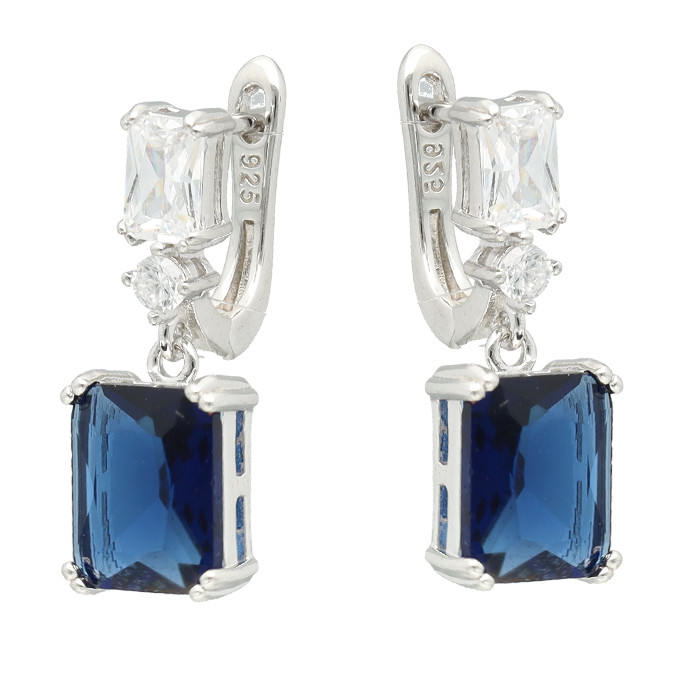 PENDIENTES LARGOS EN PLATA CON CIRCONITAS BLANCAS CENTRO AZUL CUADRADO
