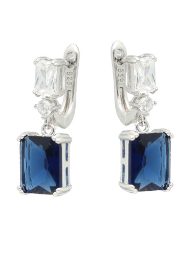 PENDIENTES LARGOS EN PLATA CON CIRCONITAS BLANCAS CENTRO AZUL CUADRADO