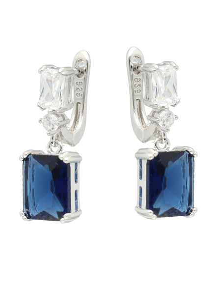 PENDIENTES LARGOS EN PLATA CON CIRCONITAS BLANCAS CENTRO AZUL CUADRADO