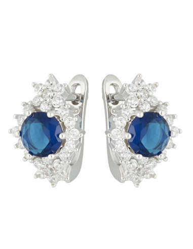 PENDIENTES EN PLATA CON CIRCONITAS BLANCAS CENTRO AZUL FLORES PICO