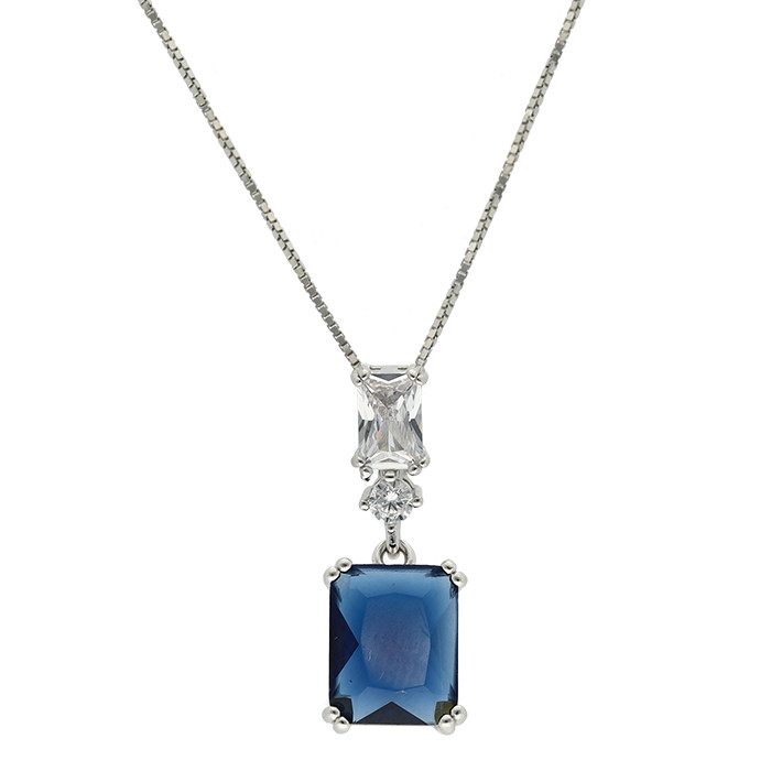 GARGANTILLA EN PLATA CON COLGANTE  FORMA CUADRADA Y CIRCONITA AZUL