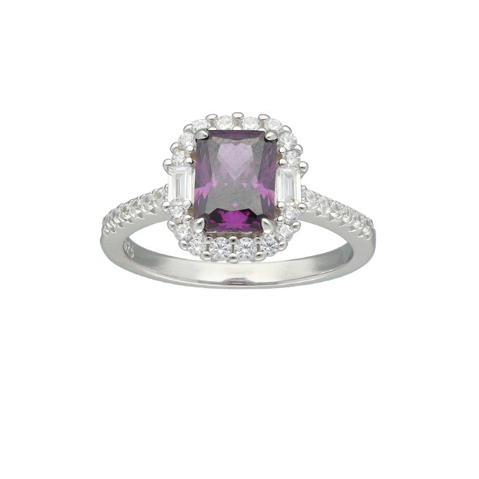 ANILLO EN PLATA FORMA CUADRADA CON PIEDRA MALVA Y CIRCONITAS